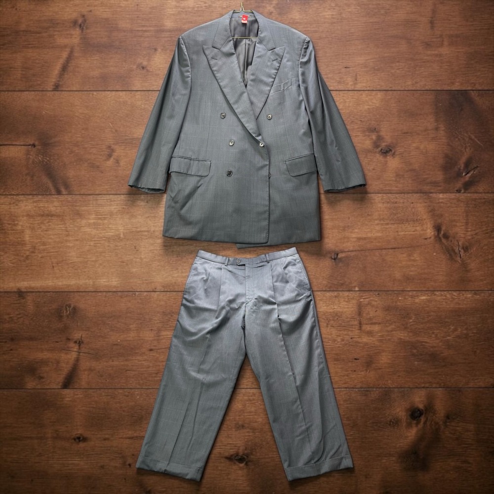 Faconnable Italy Mens Grey Windowpane Double Breasted Wool Suit 46R 38x28 FLAWS